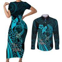 Polynesia World Ovarian Cancer Day Couples Matching Short Sleeve Bodycon Dress and Long Sleeve Button Shirt You Matter Polynesian Women LT14 Teal - Polynesian Pride