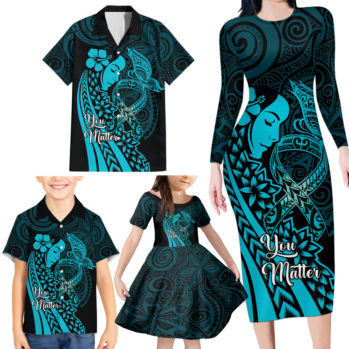 Polynesia World Ovarian Cancer Day Family Matching Long Sleeve Bodycon Dress and Hawaiian Shirt You Matter Polynesian Women LT14 - Polynesian Pride