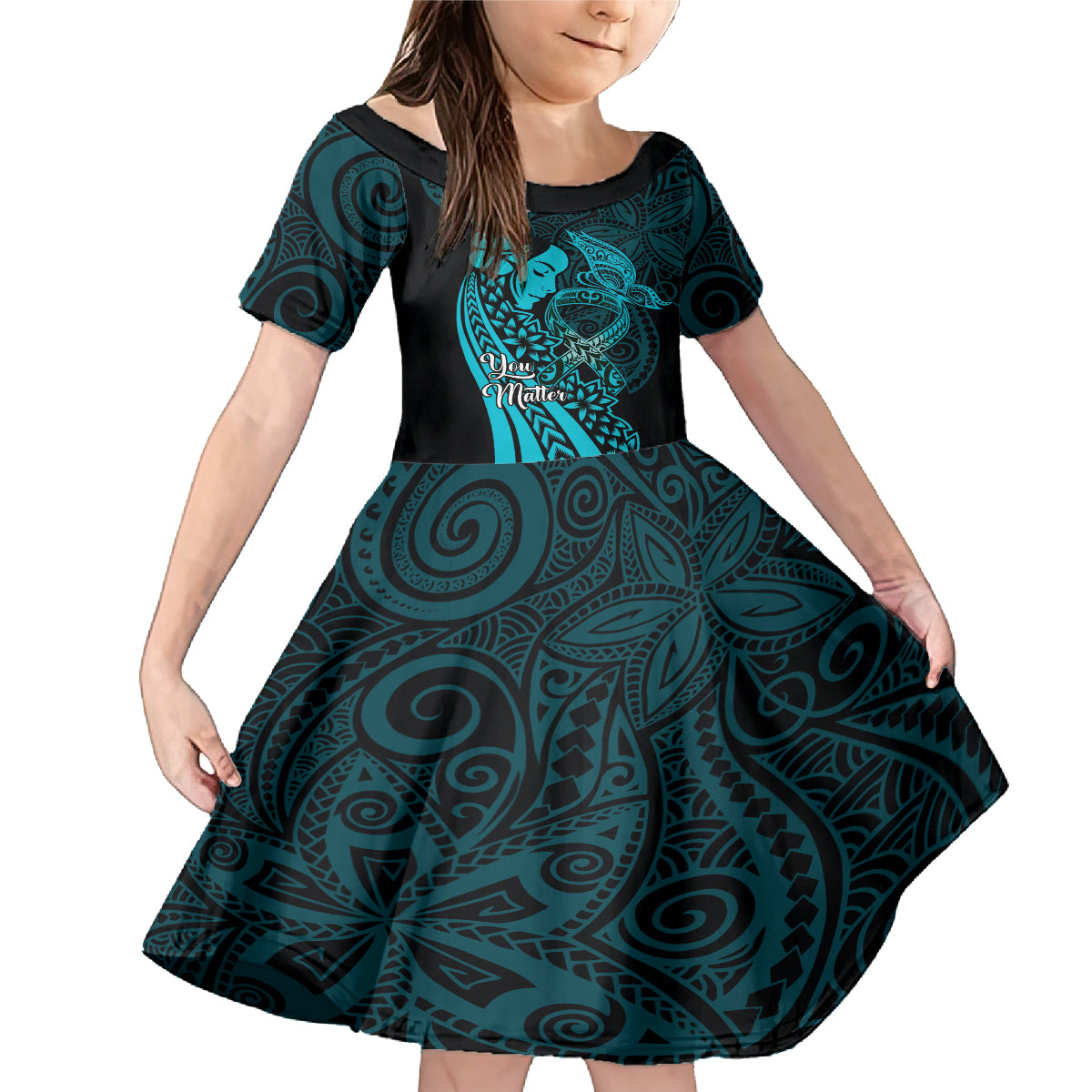 Polynesia World Ovarian Cancer Day Family Matching Mermaid Dress and Hawaiian Shirt You Matter Polynesian Women LT14 Daughter's Dress Teal - Polynesian Pride