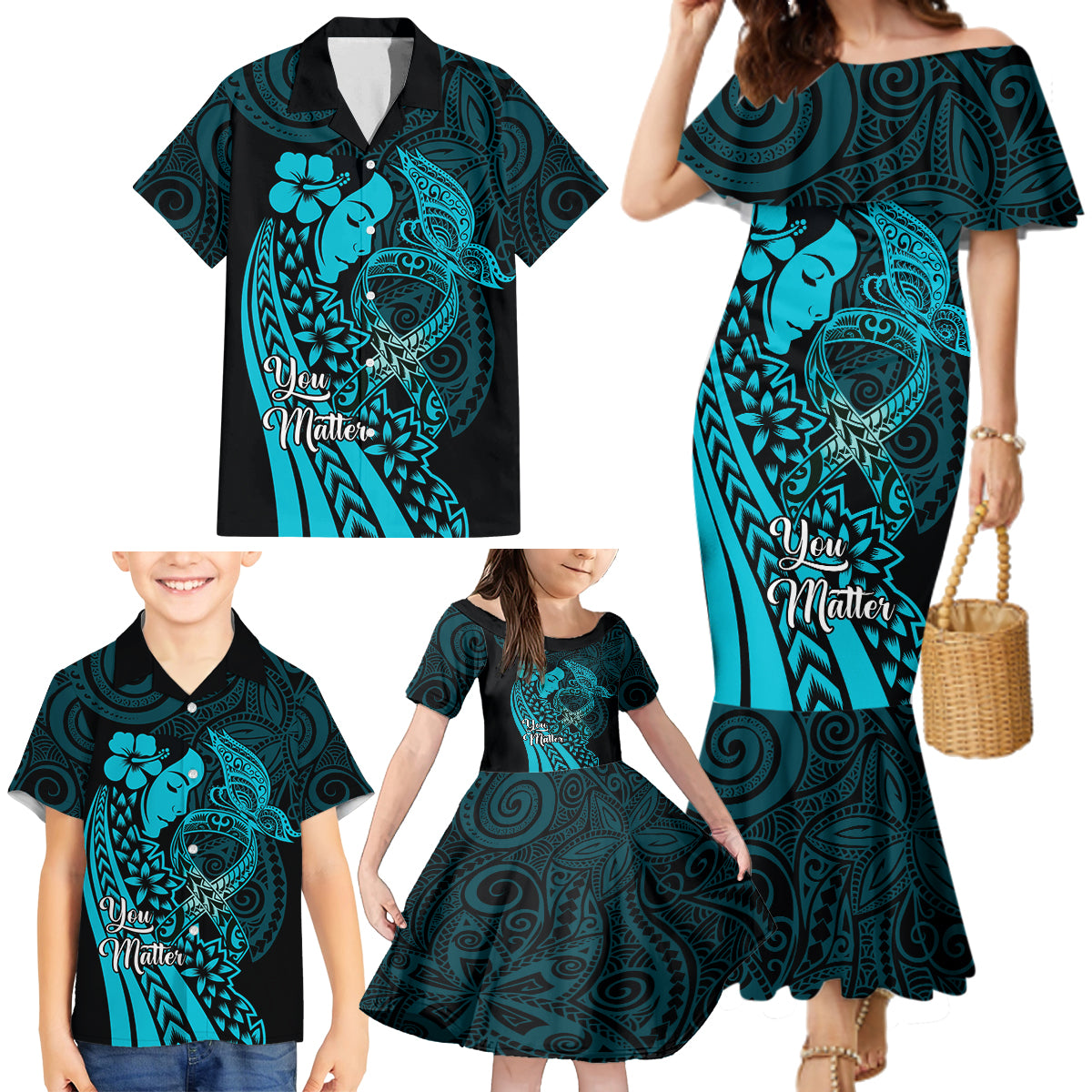 Polynesia World Ovarian Cancer Day Family Matching Mermaid Dress and Hawaiian Shirt You Matter Polynesian Women LT14 - Polynesian Pride