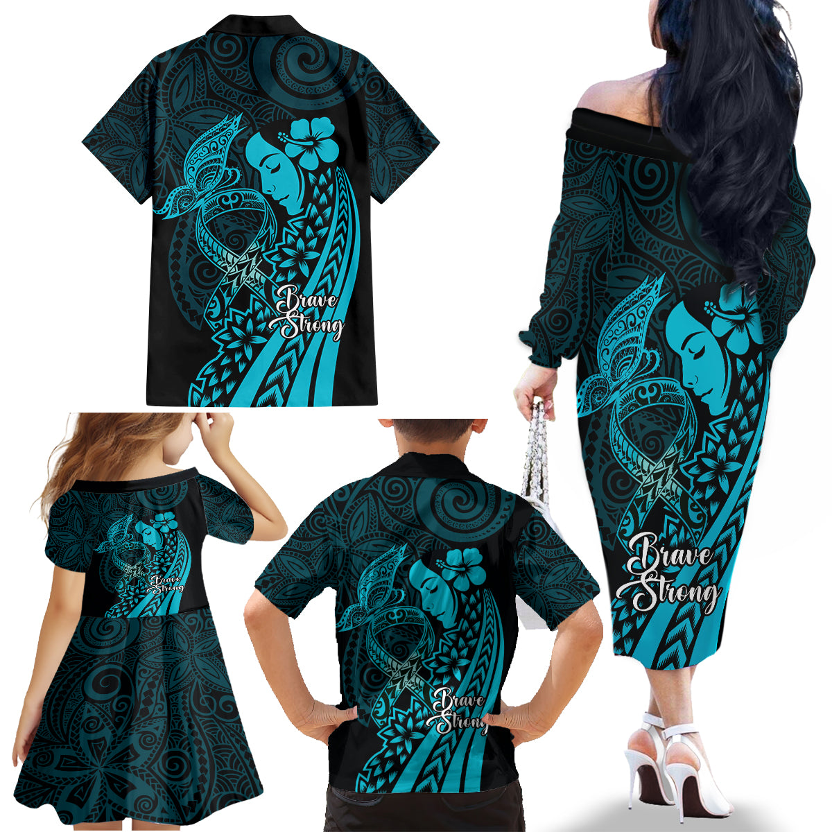 Polynesia World Ovarian Cancer Day Family Matching Off The Shoulder Long Sleeve Dress and Hawaiian Shirt You Matter Polynesian Women LT14 - Polynesian Pride