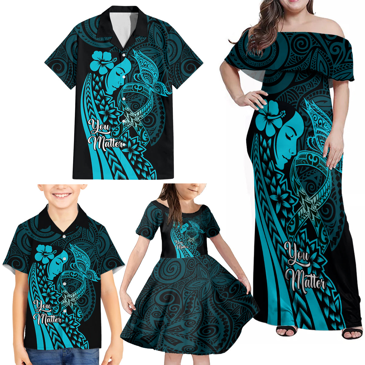 Polynesia World Ovarian Cancer Day Family Matching Off Shoulder Maxi Dress and Hawaiian Shirt You Matter Polynesian Women LT14 - Polynesian Pride