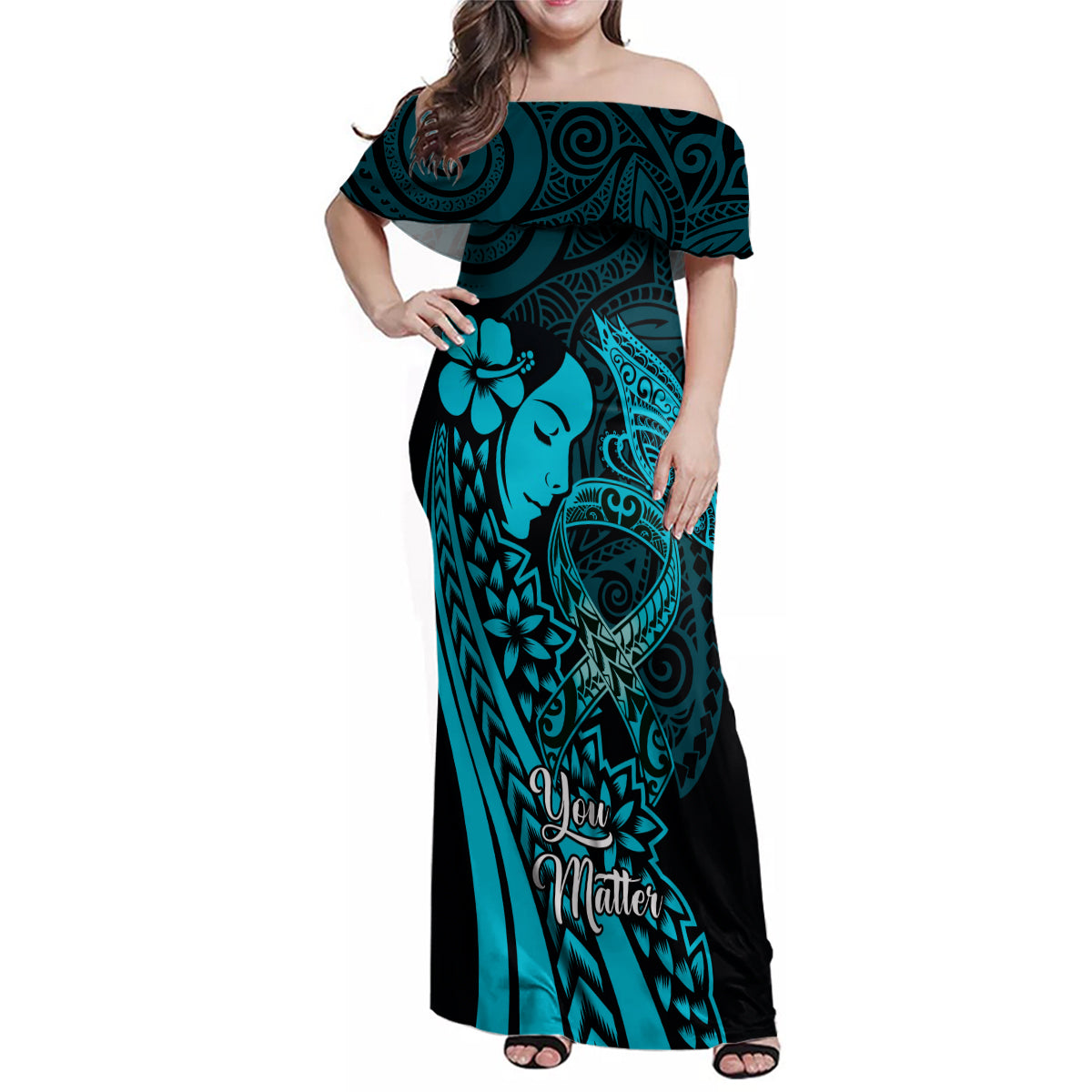 Polynesia World Ovarian Cancer Day Family Matching Off Shoulder Maxi Dress and Hawaiian Shirt You Matter Polynesian Women LT14 Mom's Dress Teal - Polynesian Pride