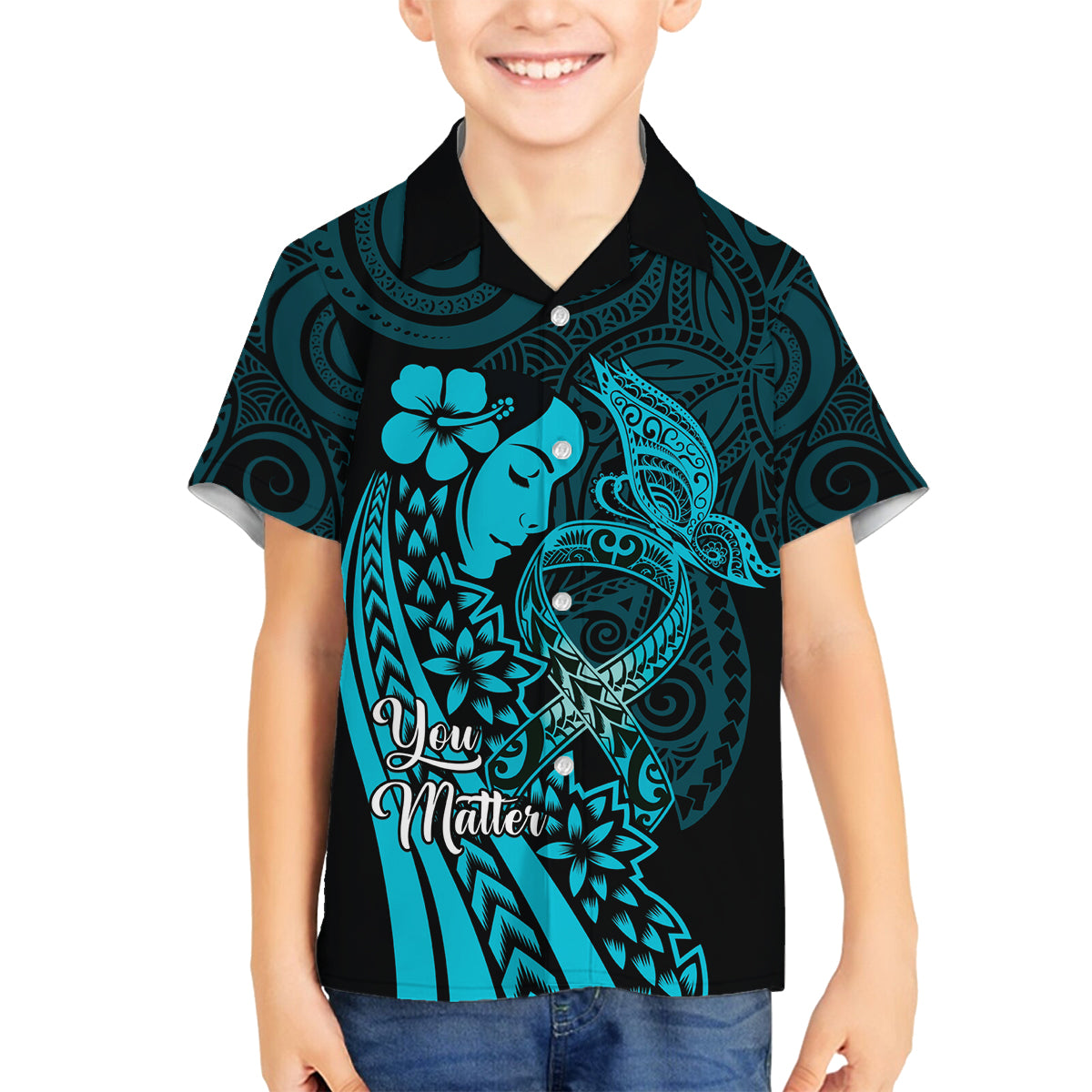 Polynesia World Ovarian Cancer Day Family Matching Puletasi and Hawaiian Shirt You Matter Polynesian Women LT14 Son's Shirt Teal - Polynesian Pride