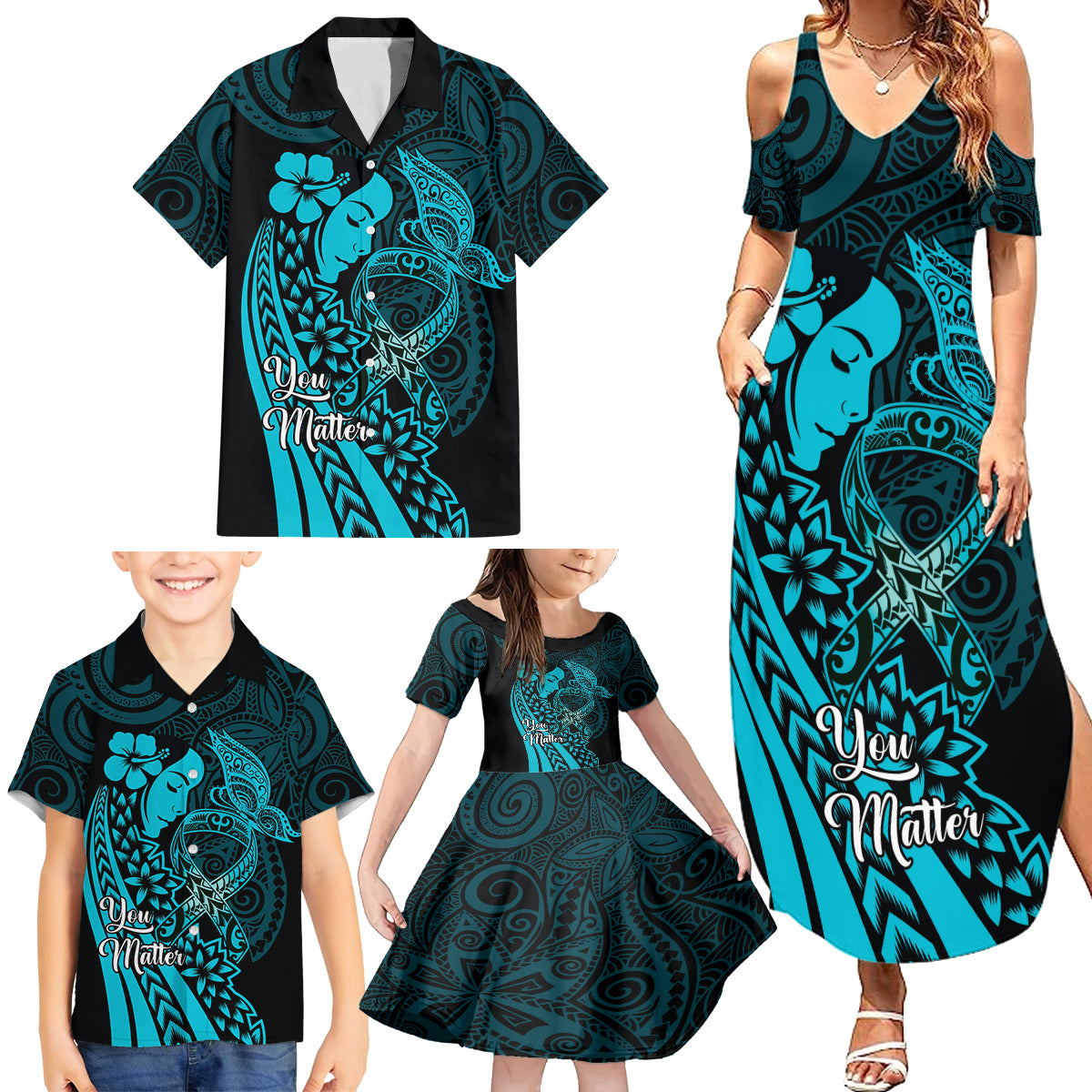 Polynesia World Ovarian Cancer Day Family Matching Summer Maxi Dress and Hawaiian Shirt You Matter Polynesian Women LT14 - Polynesian Pride