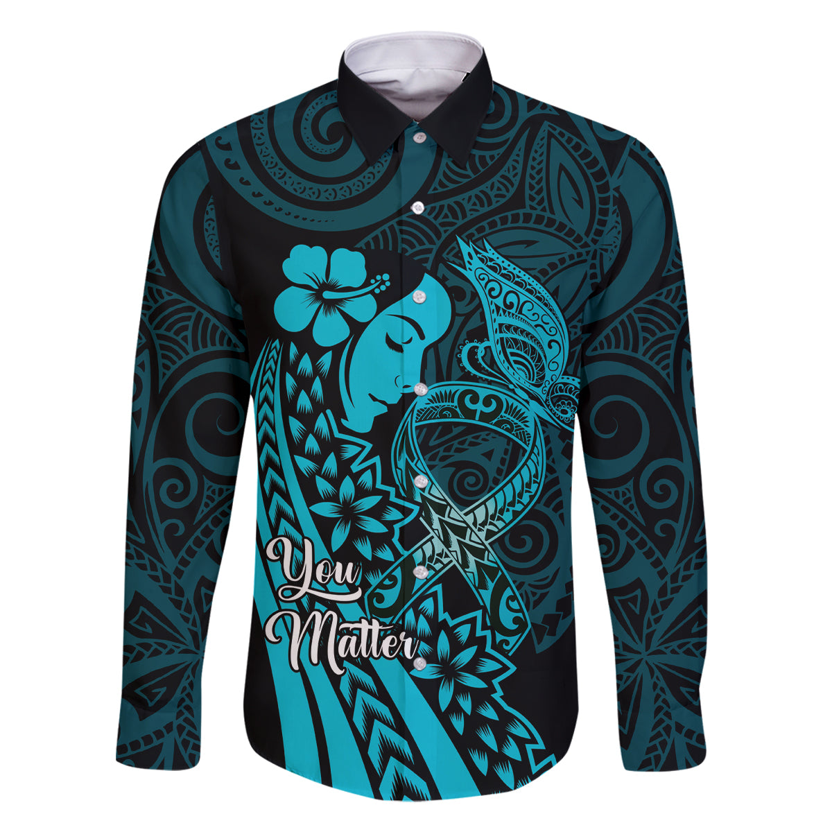 Polynesia World Ovarian Cancer Day Family Matching Summer Maxi Dress and Hawaiian Shirt You Matter Polynesian Women LT14 Dad's Shirt - Long Sleeve Teal - Polynesian Pride