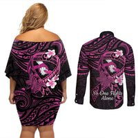Polynesia Breast Cancer Awareness Couples Matching Off Shoulder Short Dress and Long Sleeve Button Shirt Pink Ribbon No One Fights Alone - Black