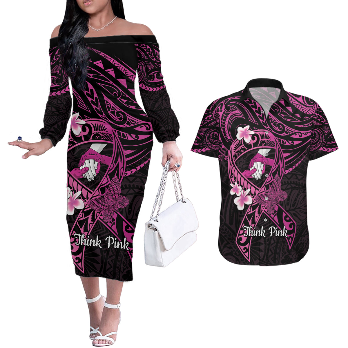 Polynesia Breast Cancer Awareness Couples Matching Off The Shoulder Long Sleeve Dress and Hawaiian Shirt Pink Ribbon No One Fights Alone - Black LT14 Black - Polynesian Pride