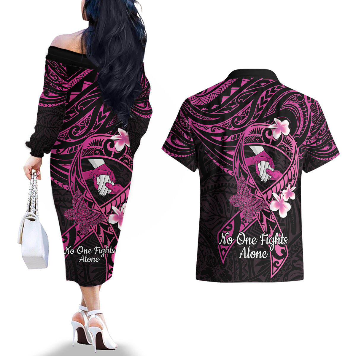 Polynesia Breast Cancer Awareness Couples Matching Off The Shoulder Long Sleeve Dress and Hawaiian Shirt Pink Ribbon No One Fights Alone - Black LT14 - Polynesian Pride