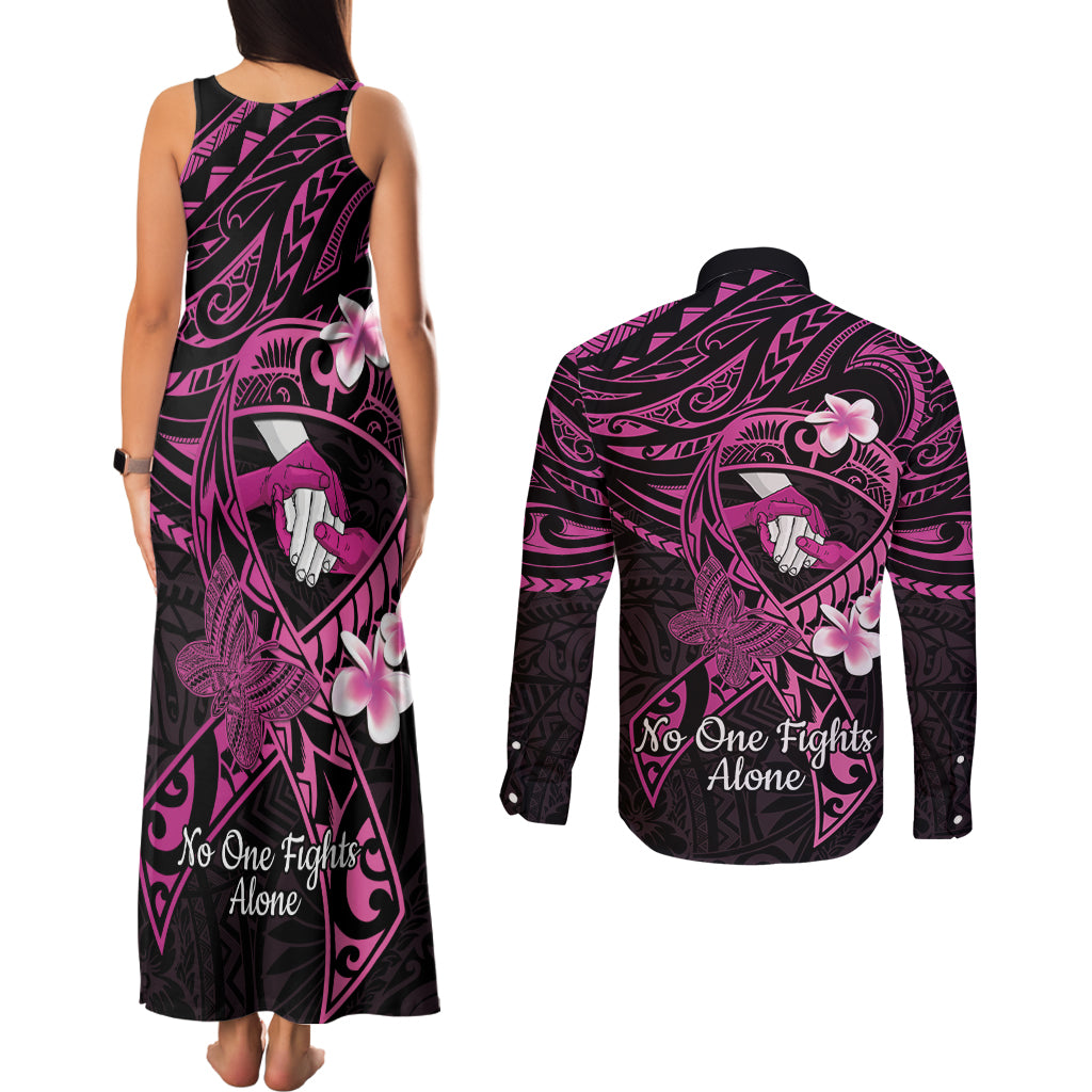 Polynesia Breast Cancer Awareness Couples Matching Tank Maxi Dress and Long Sleeve Button Shirt Pink Ribbon No One Fights Alone - Black