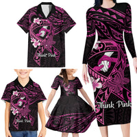 Polynesia Breast Cancer Awareness Family Matching Long Sleeve Bodycon Dress and Hawaiian Shirt Pink Ribbon No One Fights Alone - Black LT14 - Polynesian Pride