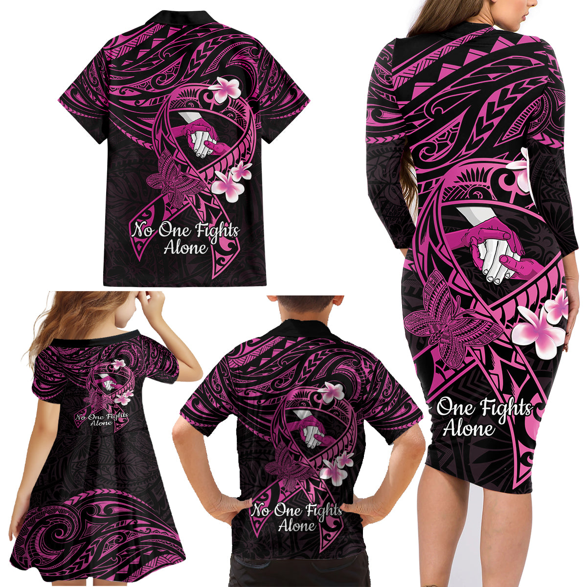 Polynesia Breast Cancer Awareness Family Matching Long Sleeve Bodycon Dress and Hawaiian Shirt Pink Ribbon No One Fights Alone - Black LT14 - Polynesian Pride
