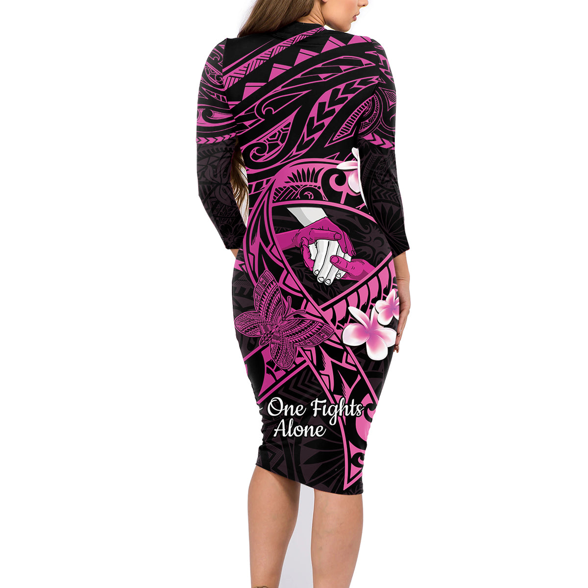 Polynesia Breast Cancer Awareness Family Matching Long Sleeve Bodycon Dress and Hawaiian Shirt Pink Ribbon No One Fights Alone - Black LT14 - Polynesian Pride