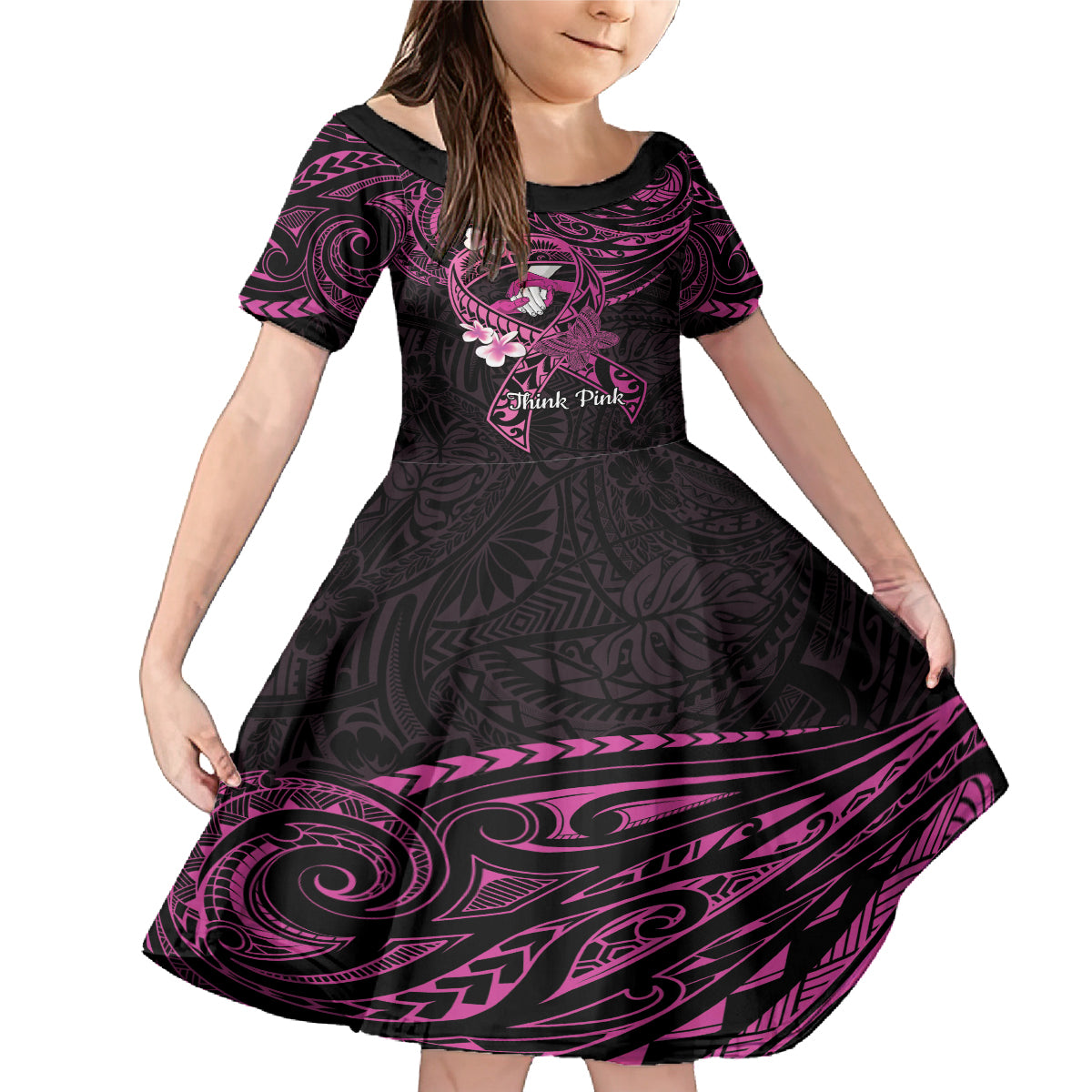Polynesia Breast Cancer Awareness Family Matching Mermaid Dress and Hawaiian Shirt Pink Ribbon No One Fights Alone - Black LT14 Daughter's Dress Black - Polynesian Pride