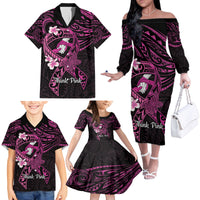 Polynesia Breast Cancer Awareness Family Matching Off The Shoulder Long Sleeve Dress and Hawaiian Shirt Pink Ribbon No One Fights Alone - Black LT14 - Polynesian Pride