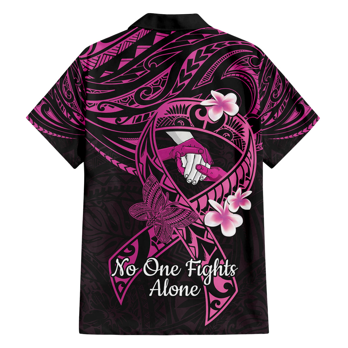 Polynesia Breast Cancer Awareness Family Matching Off The Shoulder Long Sleeve Dress and Hawaiian Shirt Pink Ribbon No One Fights Alone - Black LT14 - Polynesian Pride