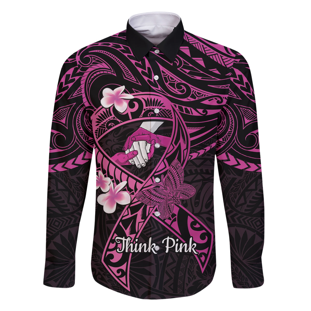 Polynesia Breast Cancer Awareness Family Matching Off The Shoulder Long Sleeve Dress and Hawaiian Shirt Pink Ribbon No One Fights Alone - Black LT14 Dad's Shirt - Long Sleeve Black - Polynesian Pride