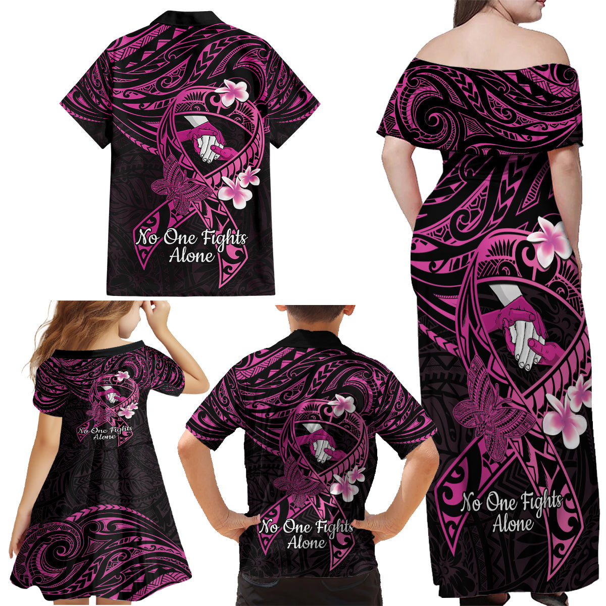 Polynesia Breast Cancer Awareness Family Matching Off Shoulder Maxi Dress and Hawaiian Shirt Pink Ribbon No One Fights Alone - Black LT14 - Polynesian Pride