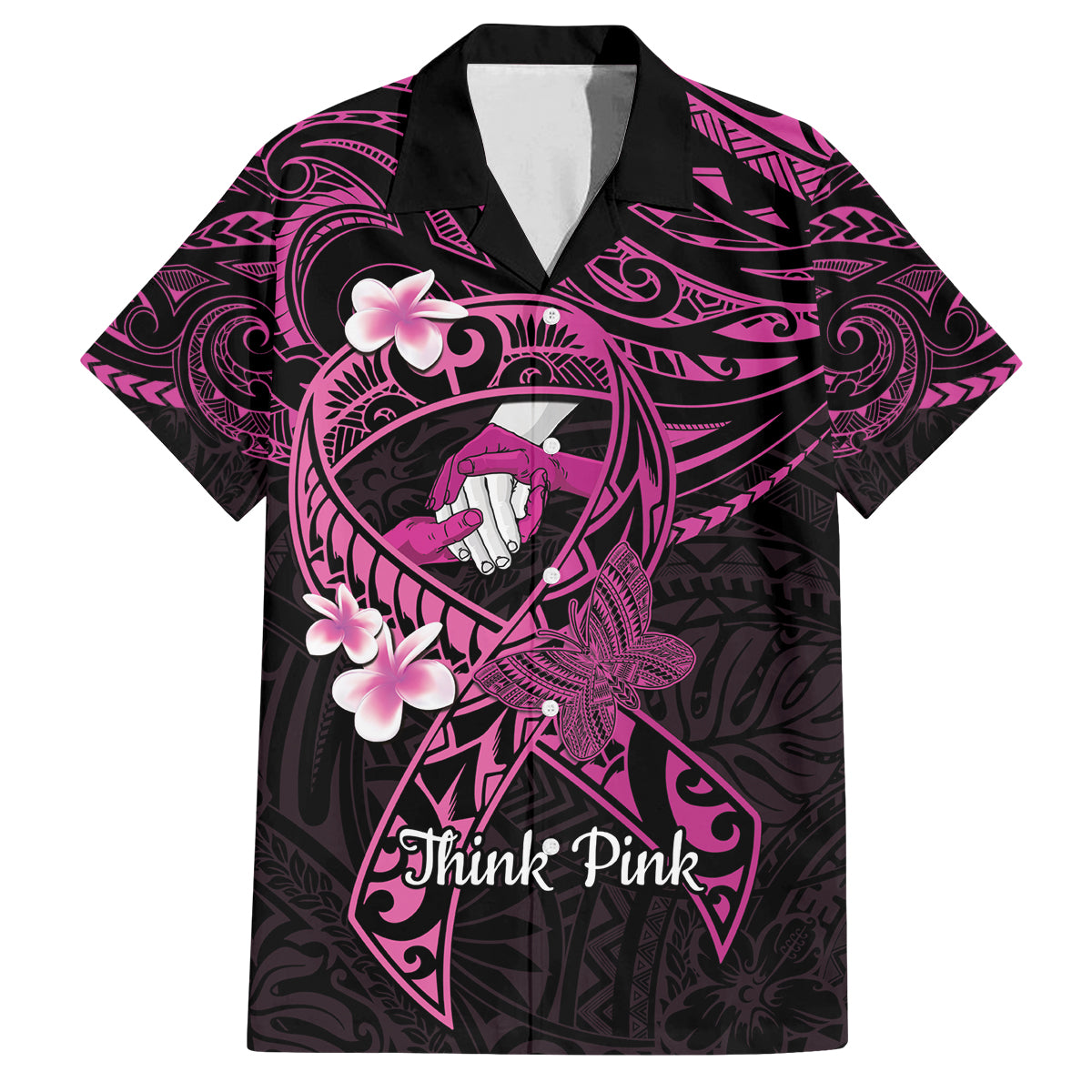 Polynesia Breast Cancer Awareness Family Matching Off Shoulder Maxi Dress and Hawaiian Shirt Pink Ribbon No One Fights Alone - Black LT14 Dad's Shirt - Short Sleeve Black - Polynesian Pride