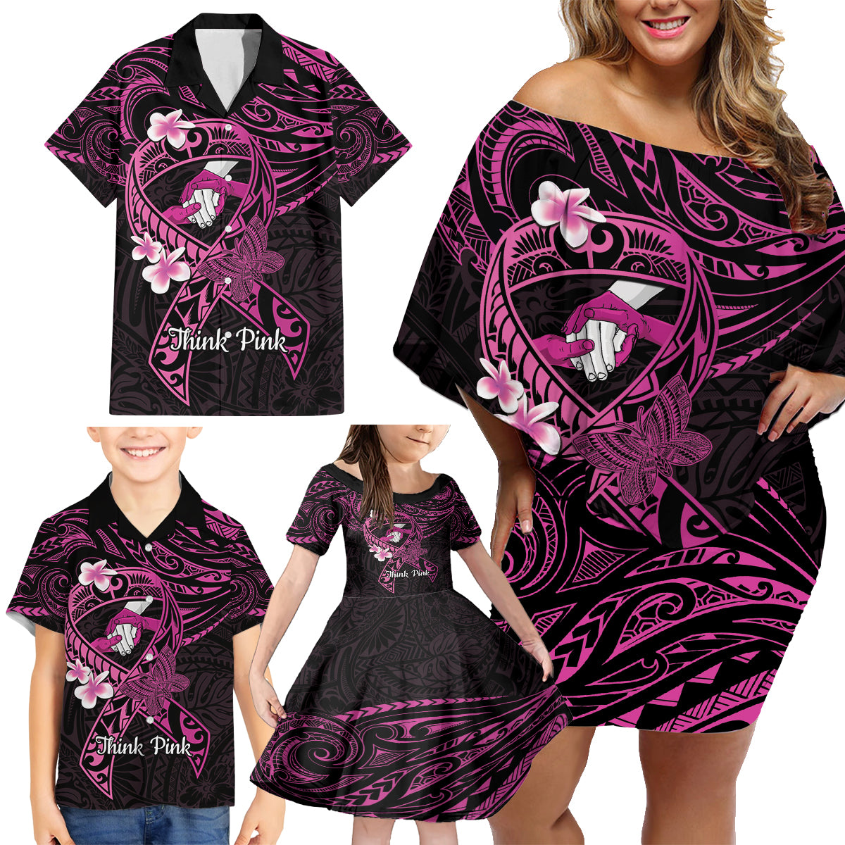 Polynesia Breast Cancer Awareness Family Matching Off Shoulder Short Dress and Hawaiian Shirt Pink Ribbon No One Fights Alone - Black LT14 - Polynesian Pride