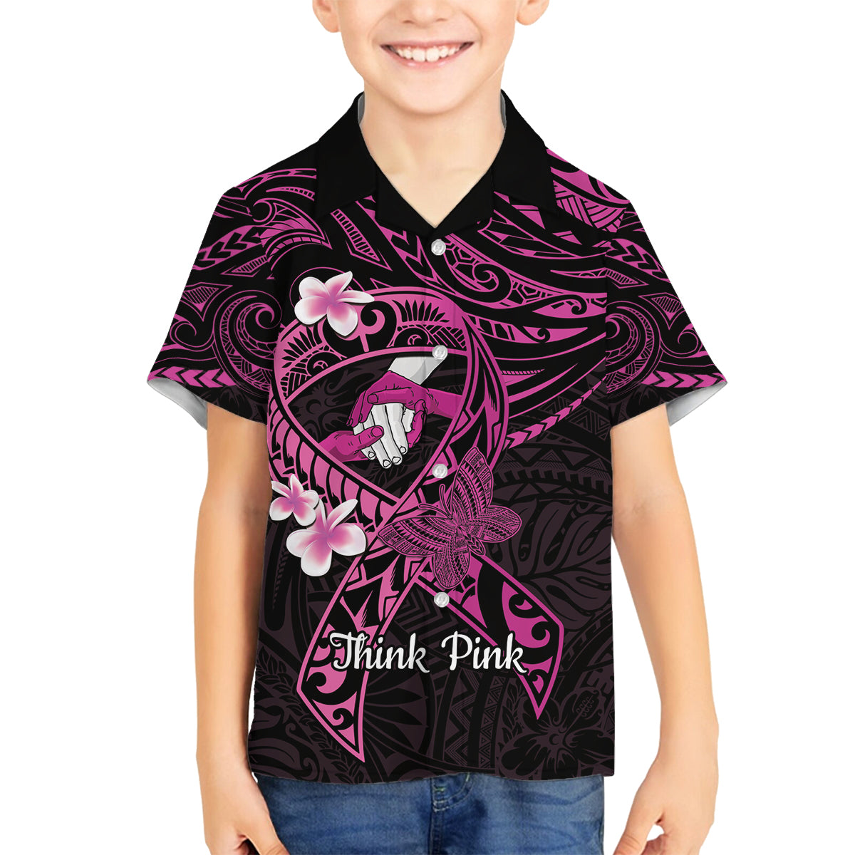 Polynesia Breast Cancer Awareness Family Matching Off Shoulder Short Dress and Hawaiian Shirt Pink Ribbon No One Fights Alone - Black LT14 Son's Shirt Black - Polynesian Pride