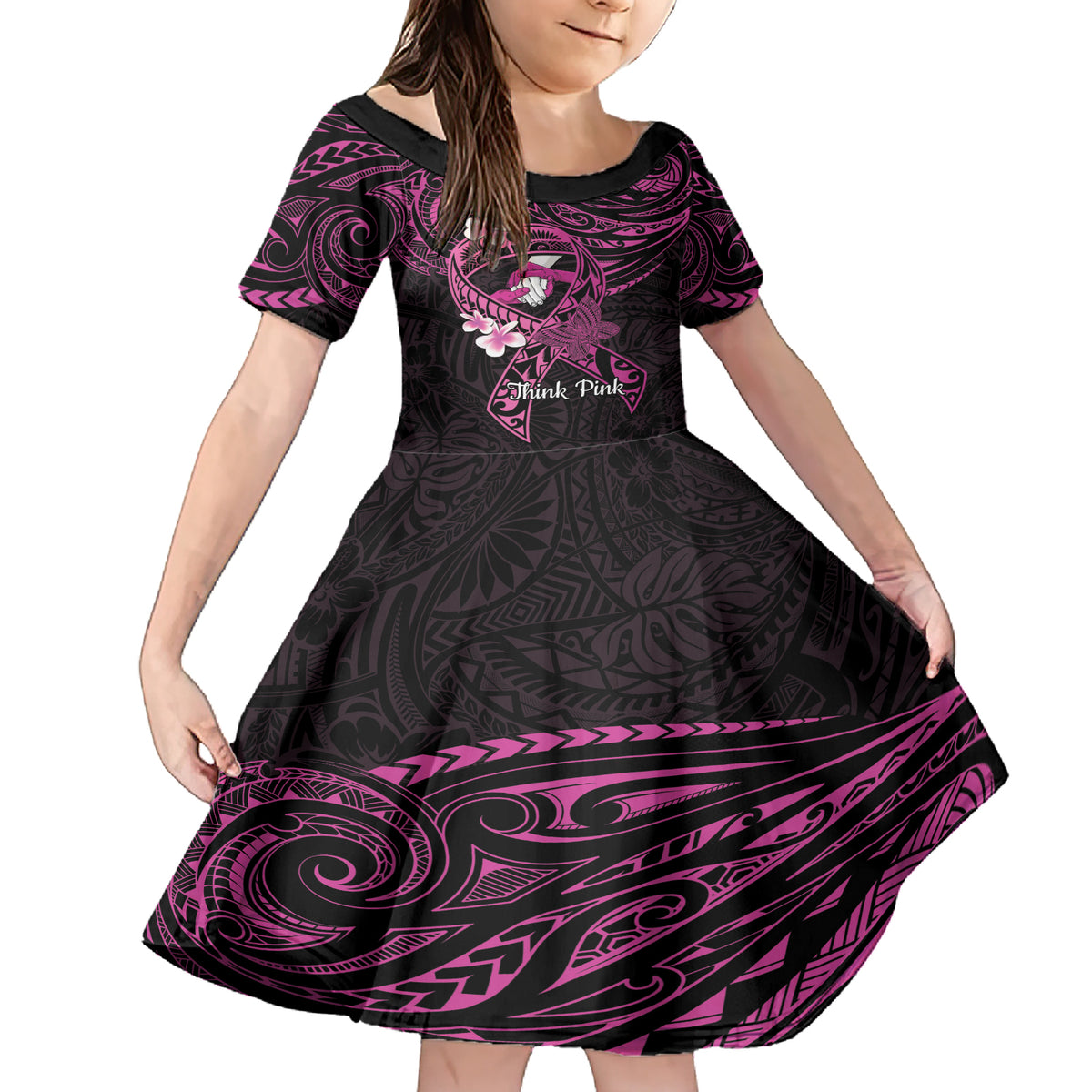 Polynesia Breast Cancer Awareness Family Matching Short Sleeve Bodycon Dress and Hawaiian Shirt Pink Ribbon No One Fights Alone - Black LT14 Daughter's Dress Black - Polynesian Pride