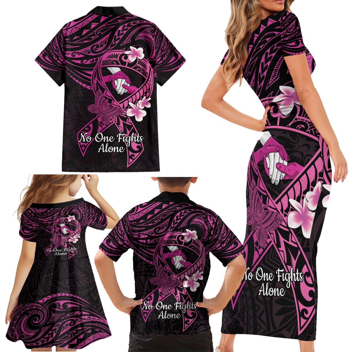 Polynesia Breast Cancer Awareness Family Matching Short Sleeve Bodycon Dress and Hawaiian Shirt Pink Ribbon No One Fights Alone - Black LT14 - Polynesian Pride