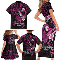 Polynesia Breast Cancer Awareness Family Matching Short Sleeve Bodycon Dress and Hawaiian Shirt Pink Ribbon No One Fights Alone - Black LT14 - Polynesian Pride