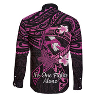Polynesia Breast Cancer Awareness Family Matching Short Sleeve Bodycon Dress and Hawaiian Shirt Pink Ribbon No One Fights Alone - Black LT14 - Polynesian Pride