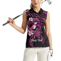 Polynesia Breast Cancer Awareness Women Sleeveless Polo Shirt Pink Ribbon No One Fights Alone - Black