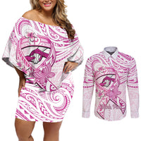 Polynesia Breast Cancer Awareness Couples Matching Off Shoulder Short Dress and Long Sleeve Button Shirt Pink Ribbon No One Fights Alone - White