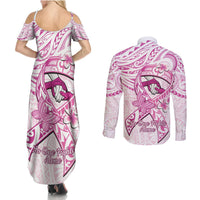 Polynesia Breast Cancer Awareness Couples Matching Summer Maxi Dress and Long Sleeve Button Shirt Pink Ribbon No One Fights Alone - White