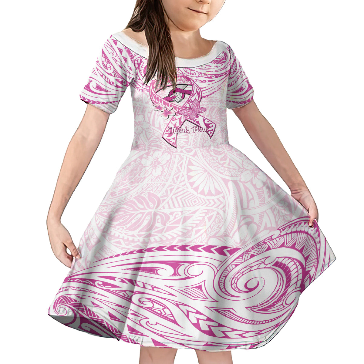 Polynesia Breast Cancer Awareness Family Matching Long Sleeve Bodycon Dress and Hawaiian Shirt Pink Ribbon No One Fights Alone - White LT14 Daughter's Dress White - Polynesian Pride