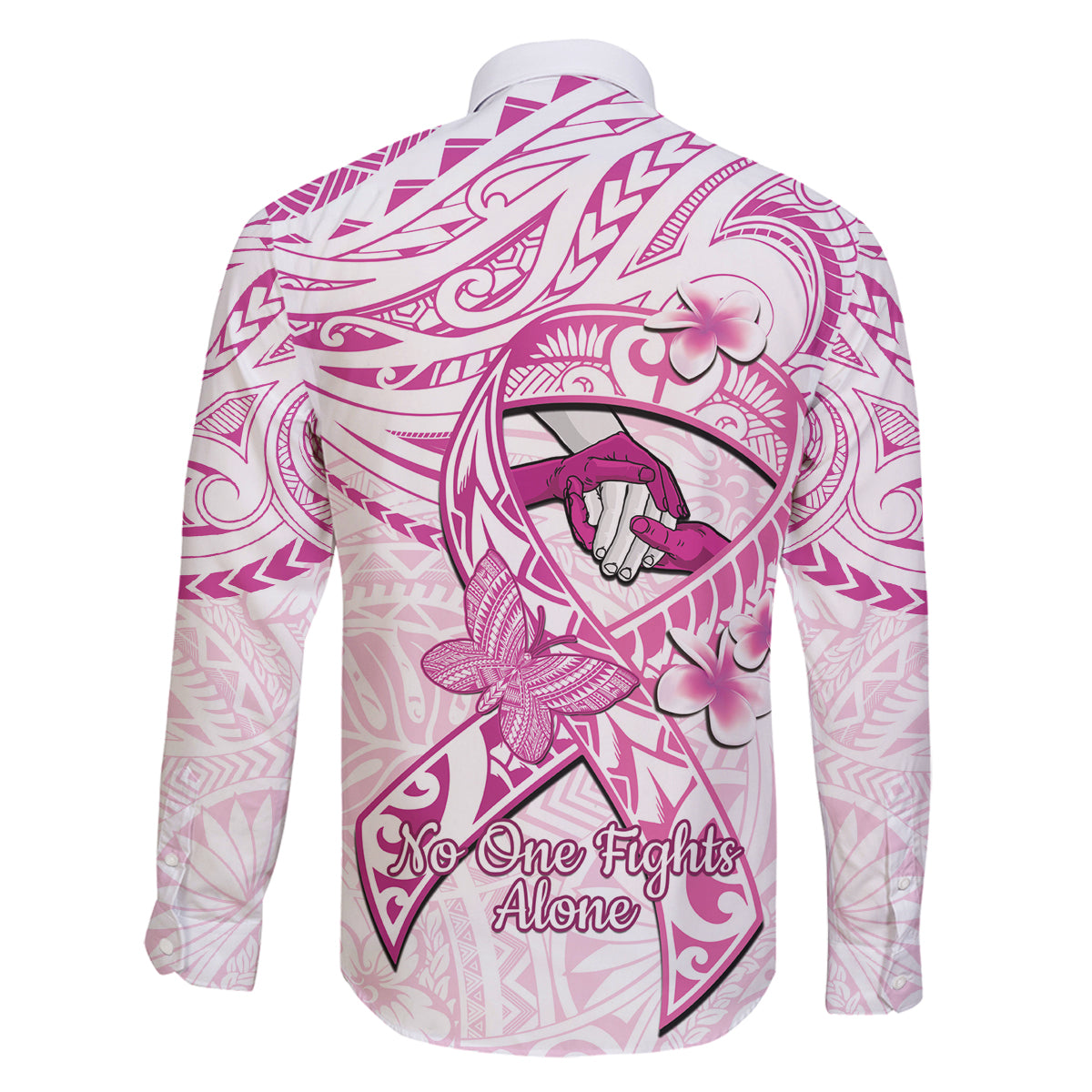 Polynesia Breast Cancer Awareness Family Matching Long Sleeve Bodycon Dress and Hawaiian Shirt Pink Ribbon No One Fights Alone - White LT14 - Polynesian Pride