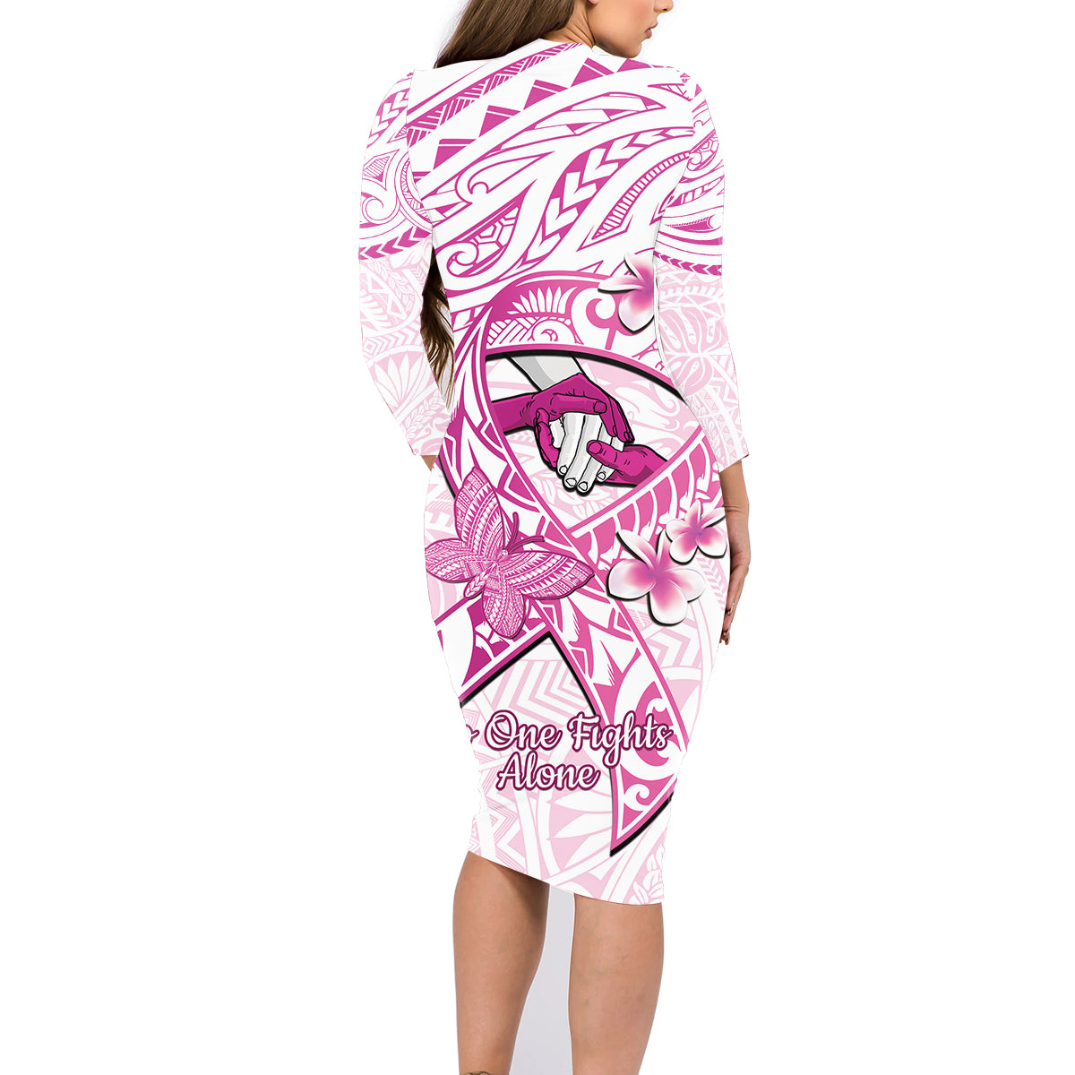 Polynesia Breast Cancer Awareness Family Matching Long Sleeve Bodycon Dress and Hawaiian Shirt Pink Ribbon No One Fights Alone - White LT14 - Polynesian Pride