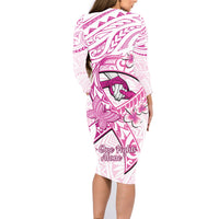 Polynesia Breast Cancer Awareness Family Matching Long Sleeve Bodycon Dress and Hawaiian Shirt Pink Ribbon No One Fights Alone - White LT14 - Polynesian Pride
