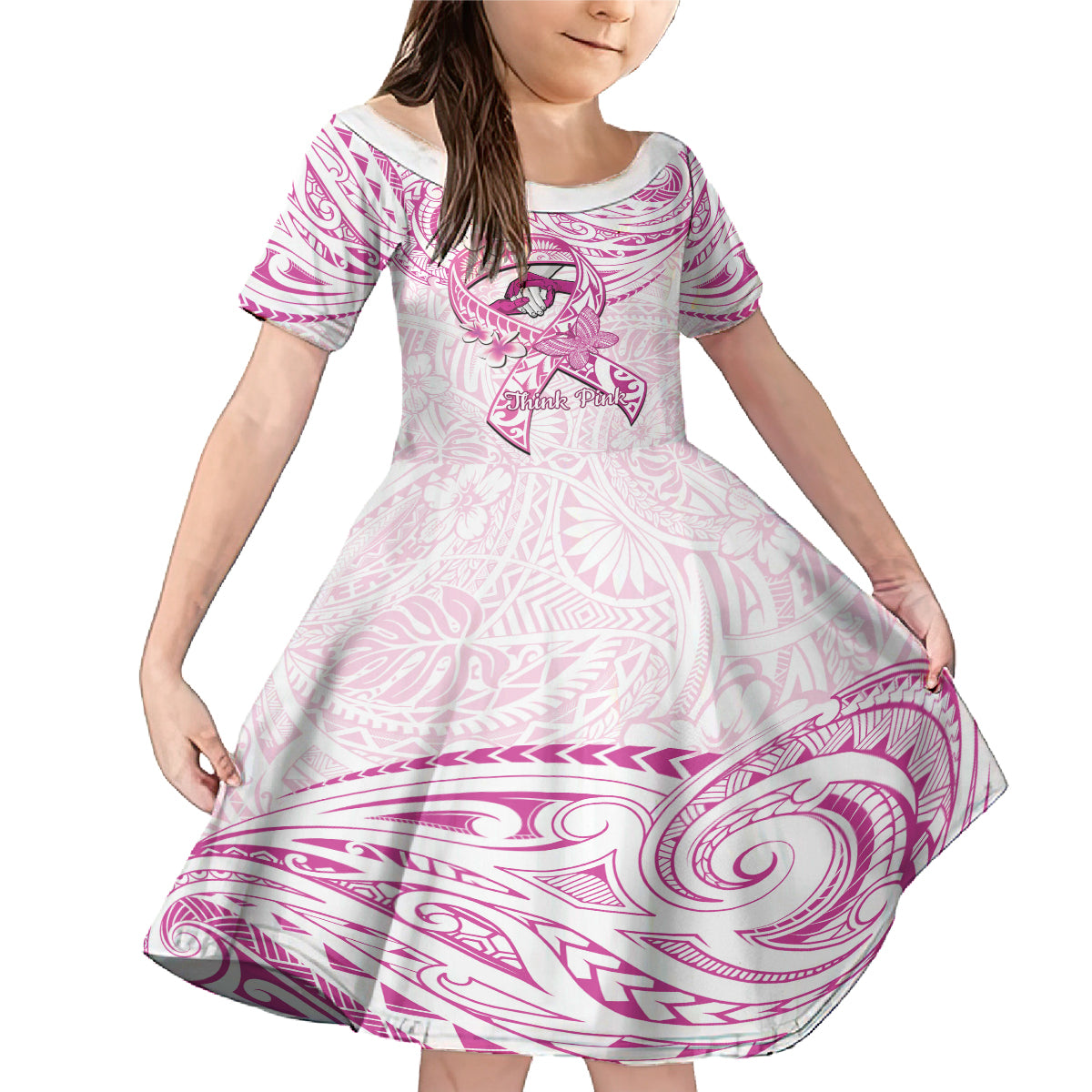 Polynesia Breast Cancer Awareness Family Matching Mermaid Dress and Hawaiian Shirt Pink Ribbon No One Fights Alone - White LT14 Daughter's Dress White - Polynesian Pride