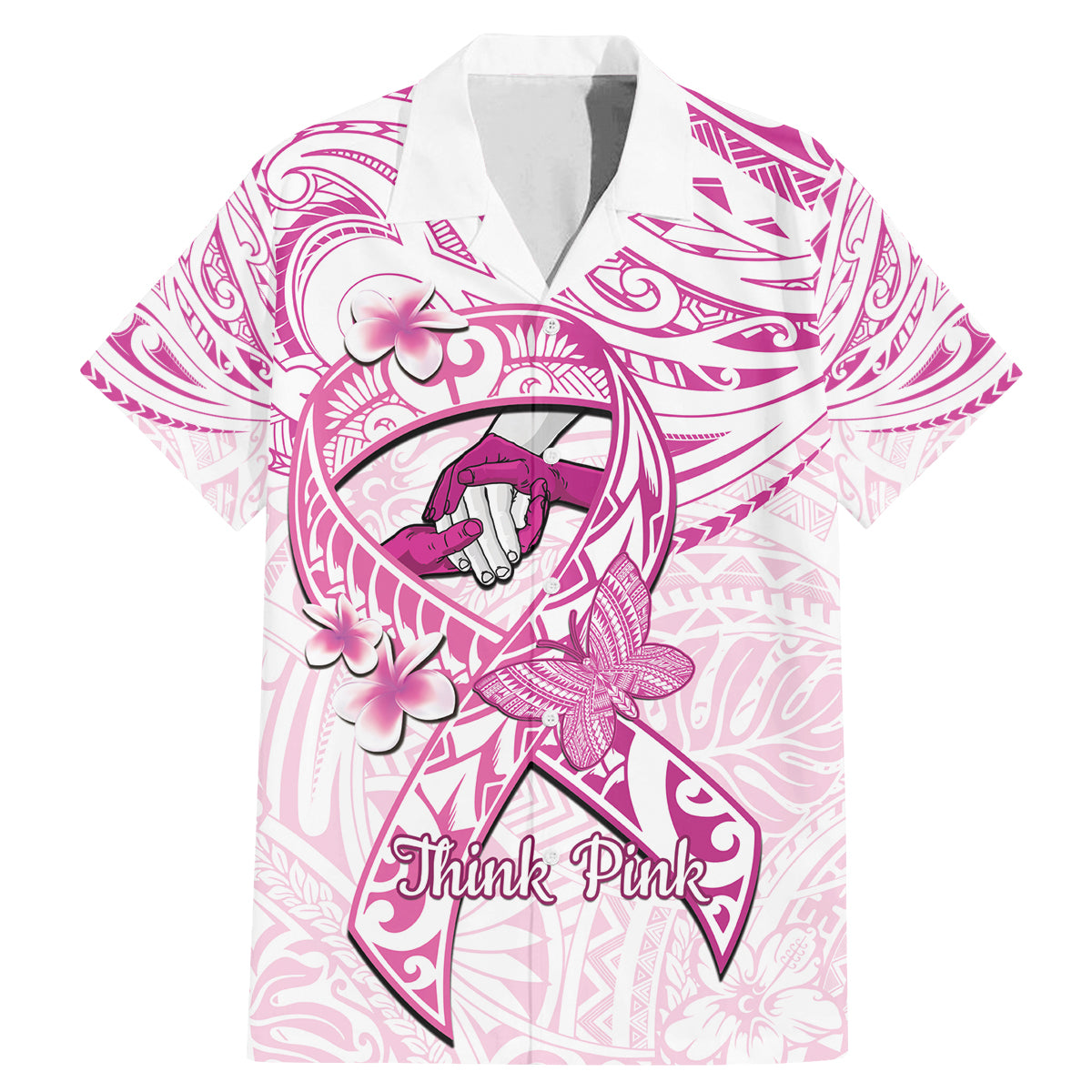 Polynesia Breast Cancer Awareness Family Matching Mermaid Dress and Hawaiian Shirt Pink Ribbon No One Fights Alone - White LT14 Dad's Shirt - Short Sleeve White - Polynesian Pride