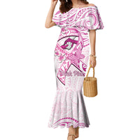 Polynesia Breast Cancer Awareness Family Matching Mermaid Dress and Hawaiian Shirt Pink Ribbon No One Fights Alone - White LT14 Mom's Dress White - Polynesian Pride