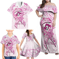 Polynesia Breast Cancer Awareness Family Matching Off Shoulder Maxi Dress and Hawaiian Shirt Pink Ribbon No One Fights Alone - White LT14 - Polynesian Pride