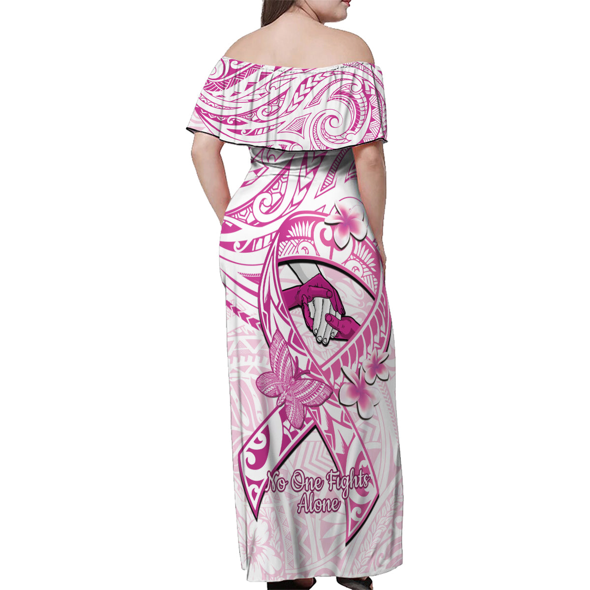 Polynesia Breast Cancer Awareness Family Matching Off Shoulder Maxi Dress and Hawaiian Shirt Pink Ribbon No One Fights Alone - White LT14 - Polynesian Pride