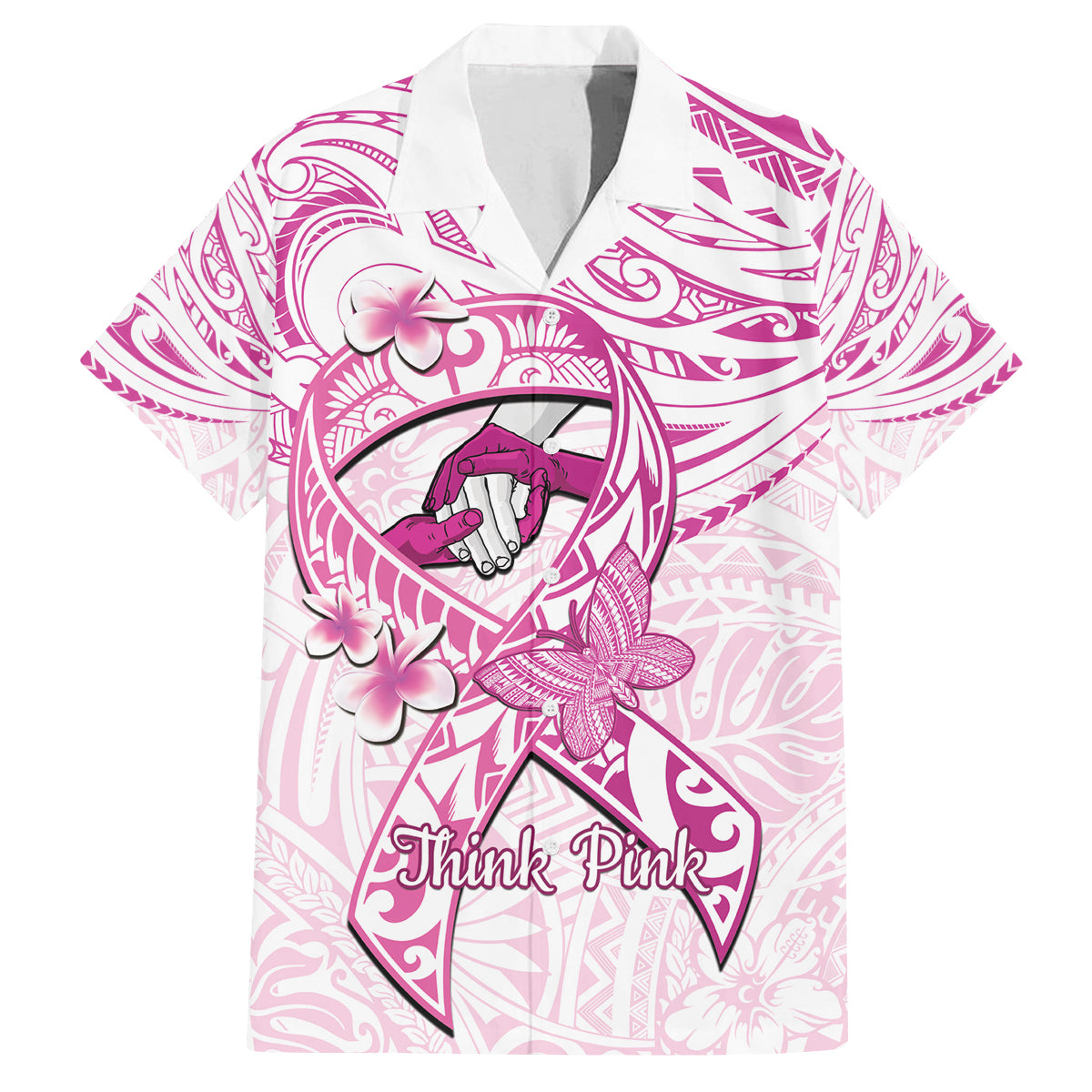 Polynesia Breast Cancer Awareness Family Matching Off Shoulder Short Dress and Hawaiian Shirt Pink Ribbon No One Fights Alone - White LT14 Dad's Shirt - Short Sleeve White - Polynesian Pride