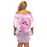 Polynesia Breast Cancer Awareness Family Matching Off Shoulder Short Dress and Hawaiian Shirt Pink Ribbon No One Fights Alone - White LT14 - Polynesian Pride
