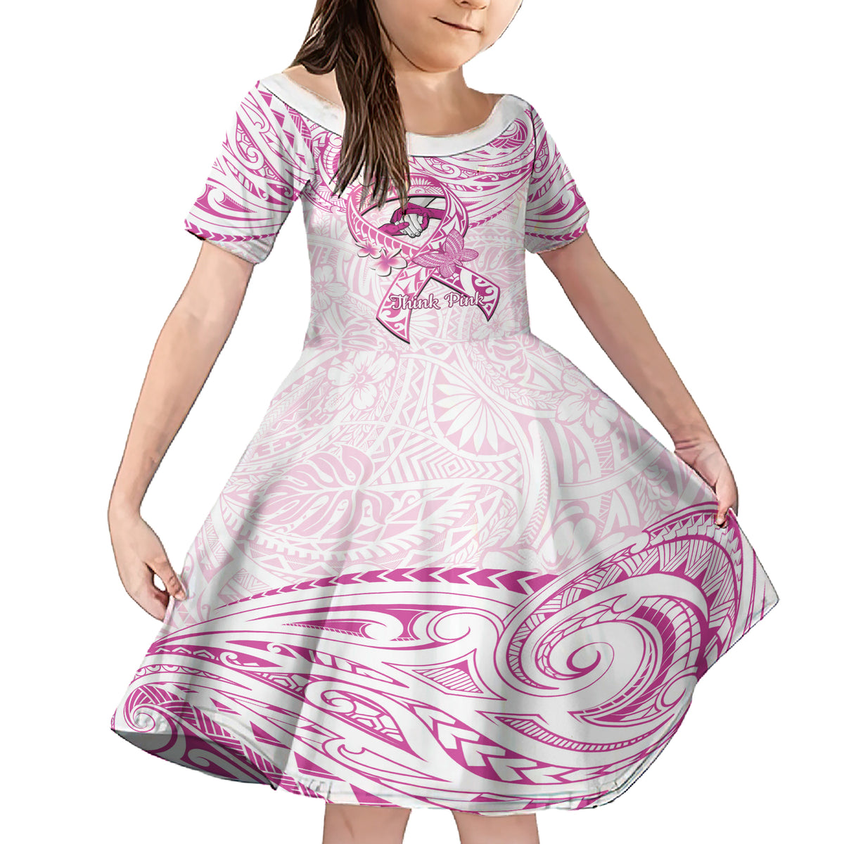 Polynesia Breast Cancer Awareness Family Matching Short Sleeve Bodycon Dress and Hawaiian Shirt Pink Ribbon No One Fights Alone - White LT14 Daughter's Dress White - Polynesian Pride