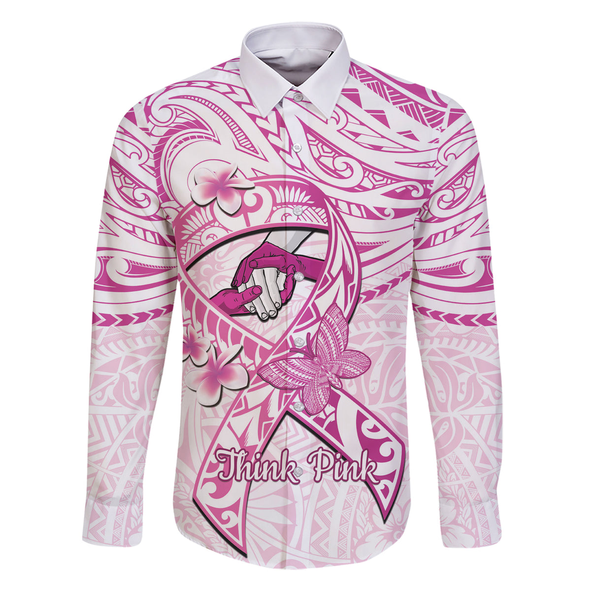 Polynesia Breast Cancer Awareness Family Matching Short Sleeve Bodycon Dress and Hawaiian Shirt Pink Ribbon No One Fights Alone - White LT14 Dad's Shirt - Long Sleeve White - Polynesian Pride