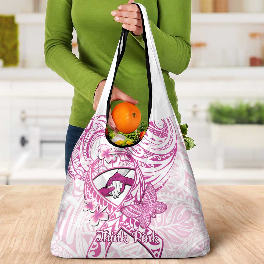 Polynesia Breast Cancer Awareness Grocery Bag Pink Ribbon No One Fights Alone - White