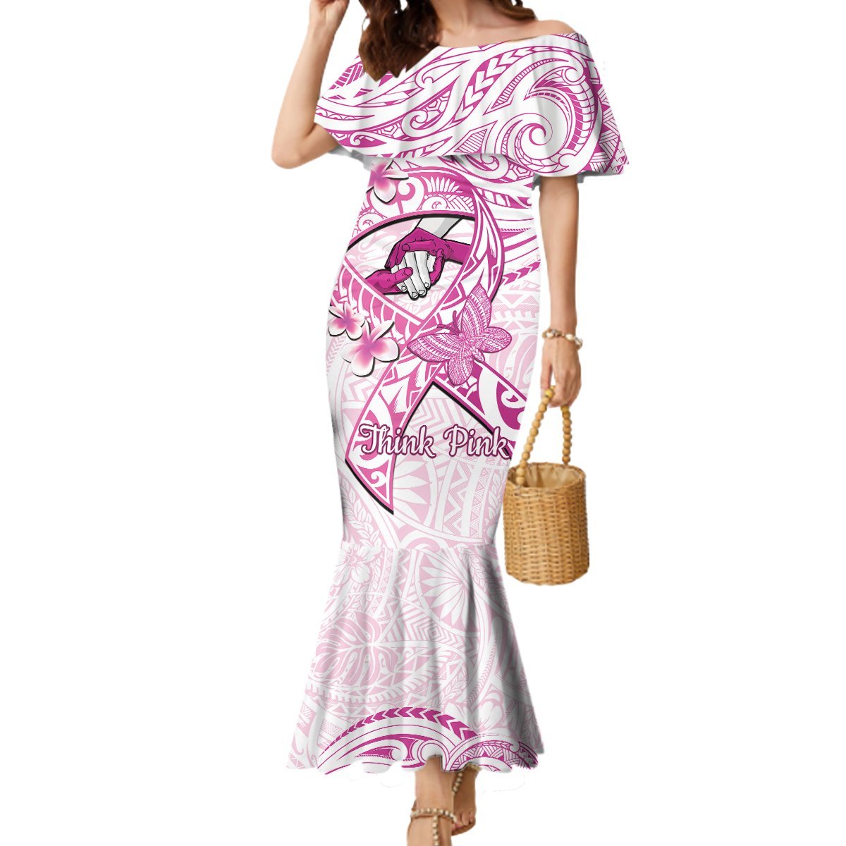 Polynesia Breast Cancer Awareness Mermaid Dress Pink Ribbon No One Fights Alone - White LT14 Women White - Polynesian Pride