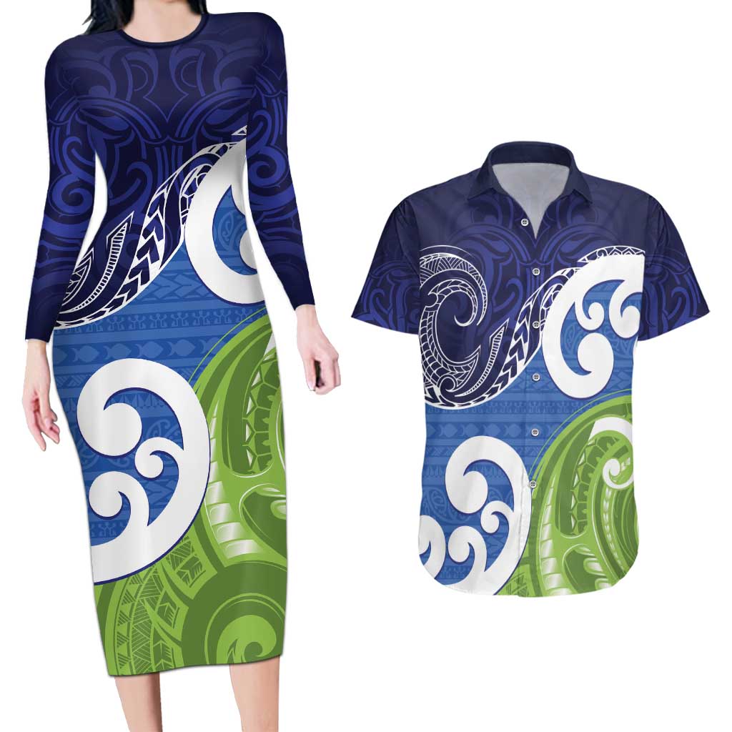 Southland New Zealand Couples Matching Long Sleeve Bodycon Dress and Hawaiian Shirt Maori Koru Flag Color LT14 Blue - Polynesian Pride