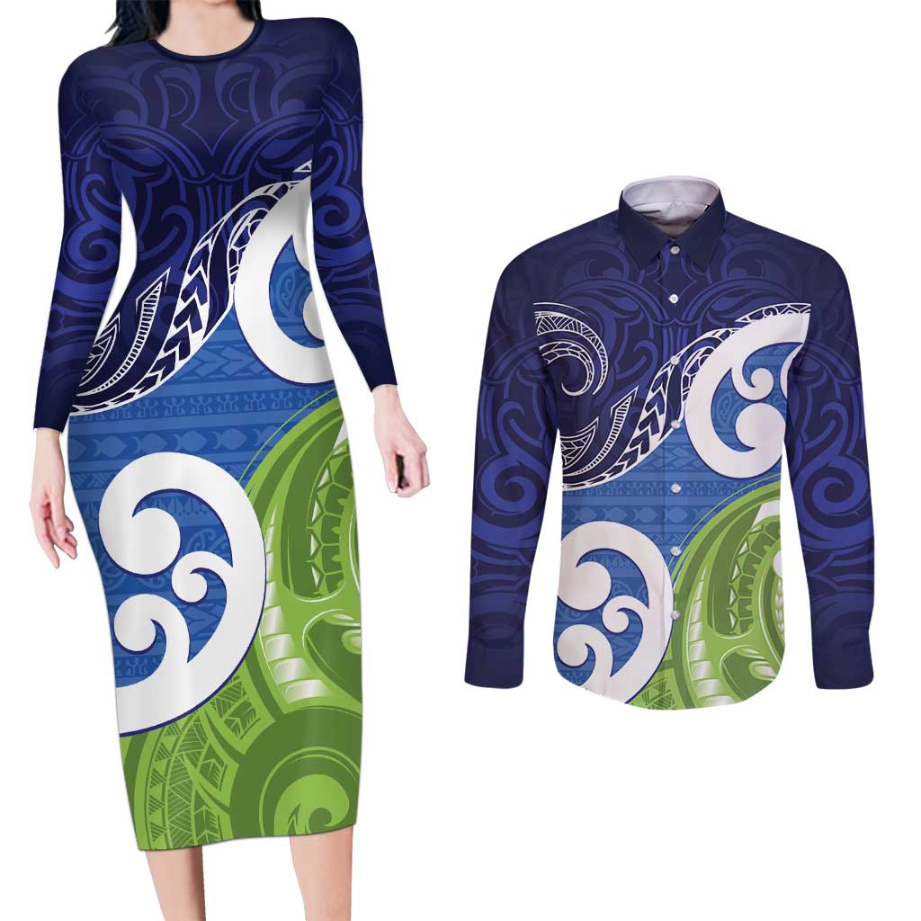 Southland New Zealand Couples Matching Long Sleeve Bodycon Dress and Long Sleeve Button Shirt Maori Koru Flag Color LT14 Blue - Polynesian Pride