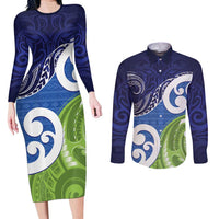 Southland New Zealand Couples Matching Long Sleeve Bodycon Dress and Long Sleeve Button Shirt Maori Koru Flag Color LT14 Blue - Polynesian Pride